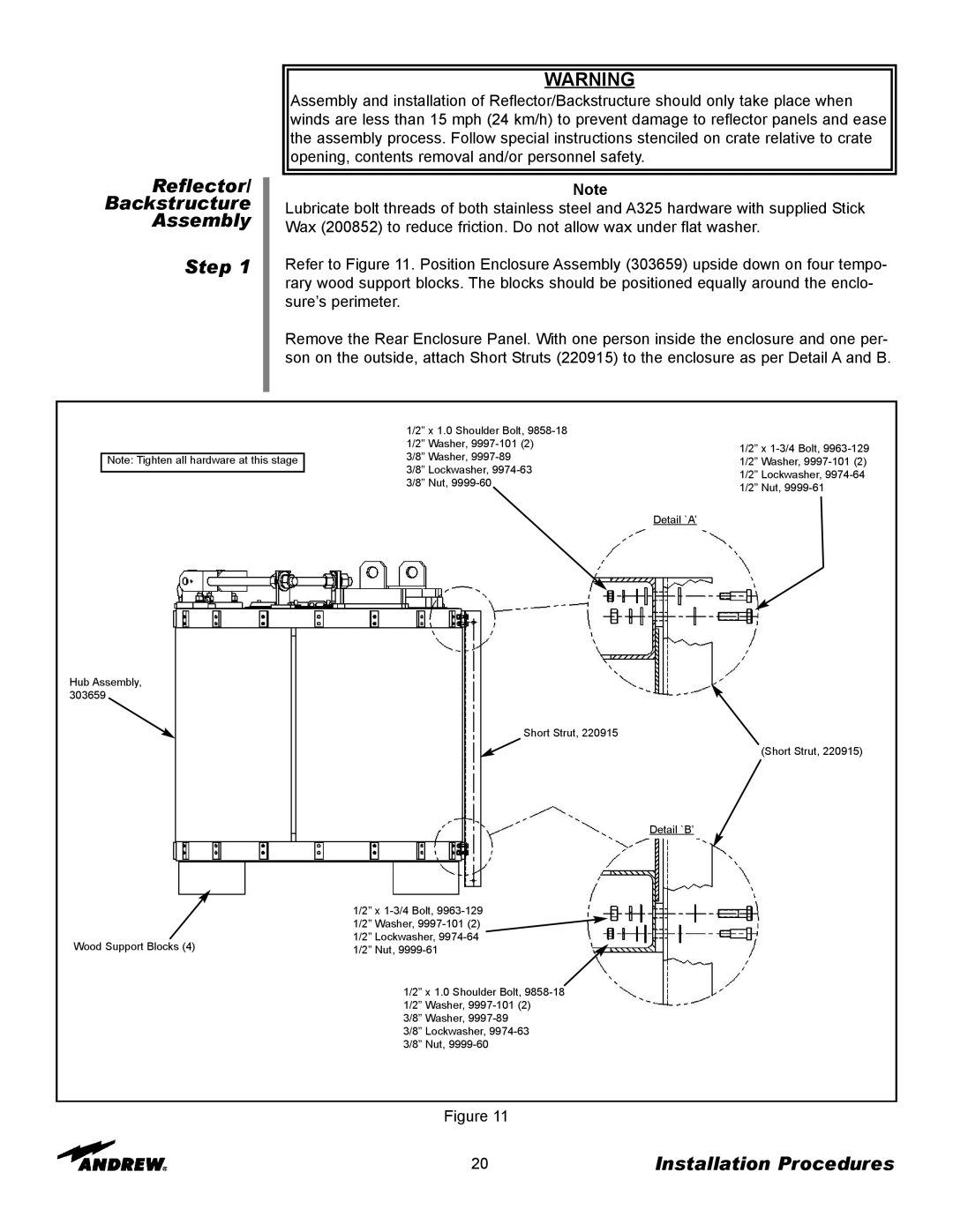 Andrew ES76PK-1 installation instructions Reflector Backstructure Assembly Step, Installation Procedures 