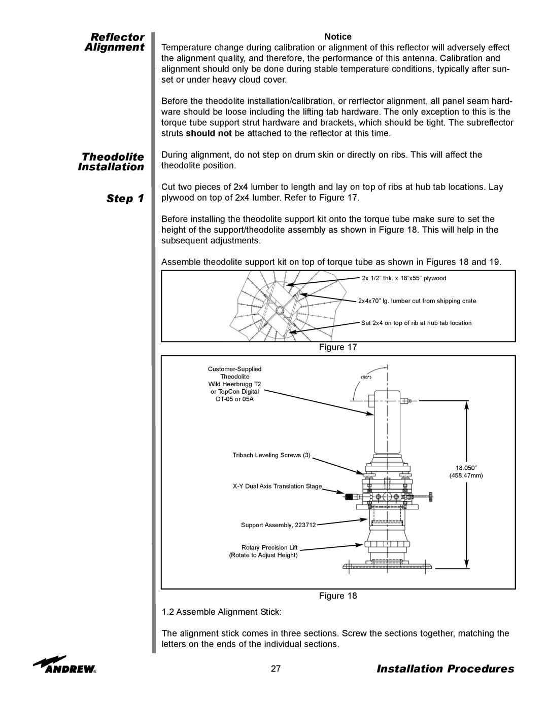 Andrew ES76PK-1 installation instructions Reflector, Alignment, Theodolite, Step, Installation Procedures 