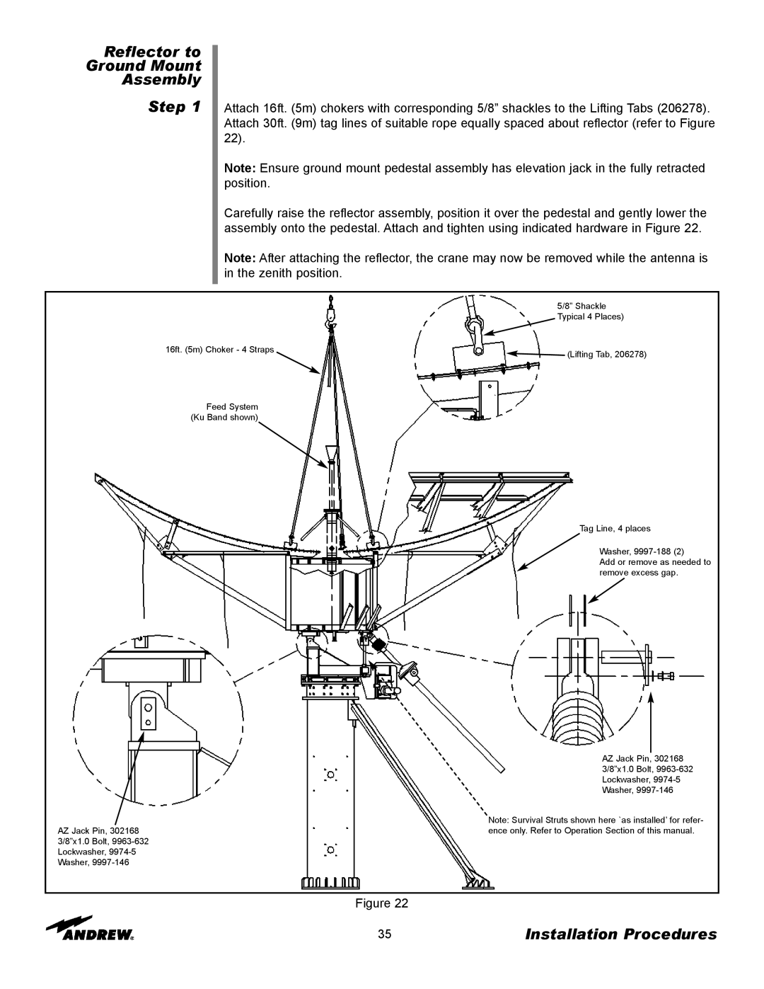Andrew ES76PK-1 installation instructions Reflector to Ground Mount Assembly Step, Installation Procedures 