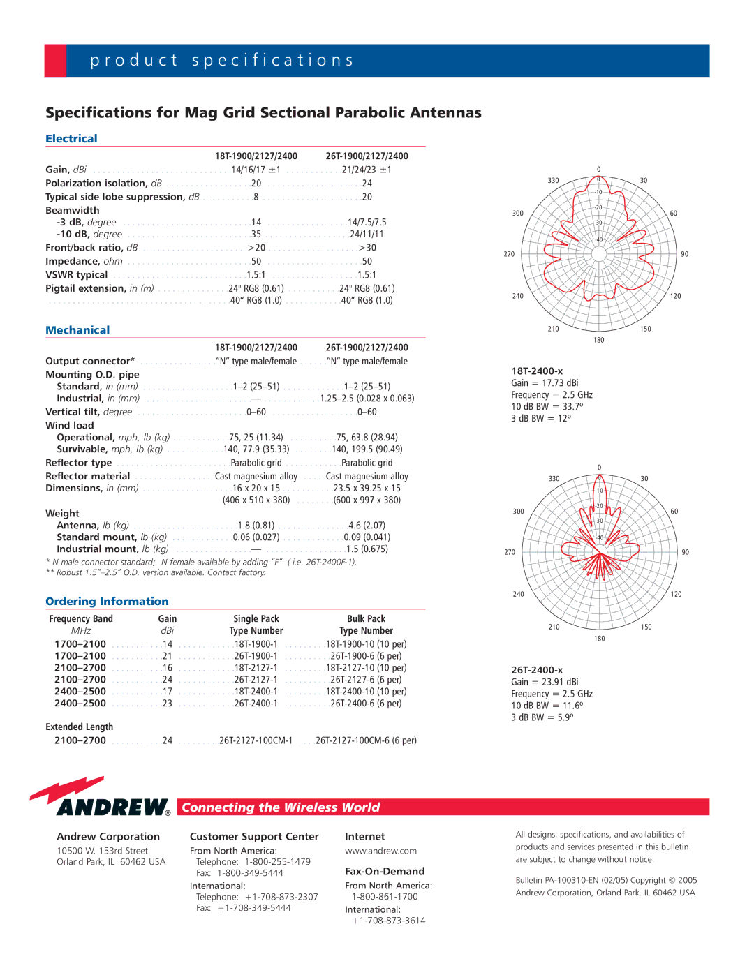 Andrew Grid Sectional Parabolic Antennas specifications Electrical, Mechanical, Ordering Information 