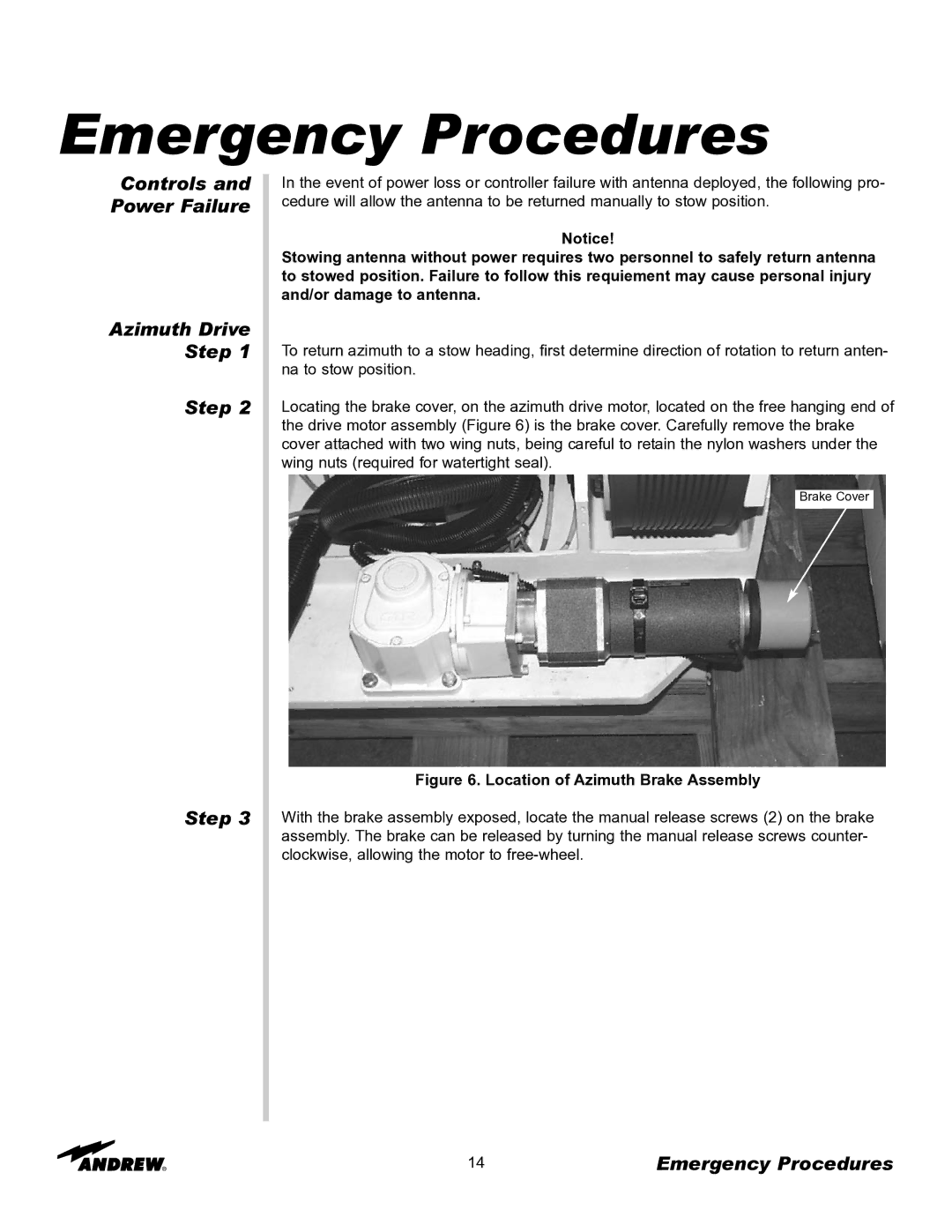 Andrew OM24SNG-RC manual Emergency Procedures, Controls and Power Failure Azimuth Drive Step 