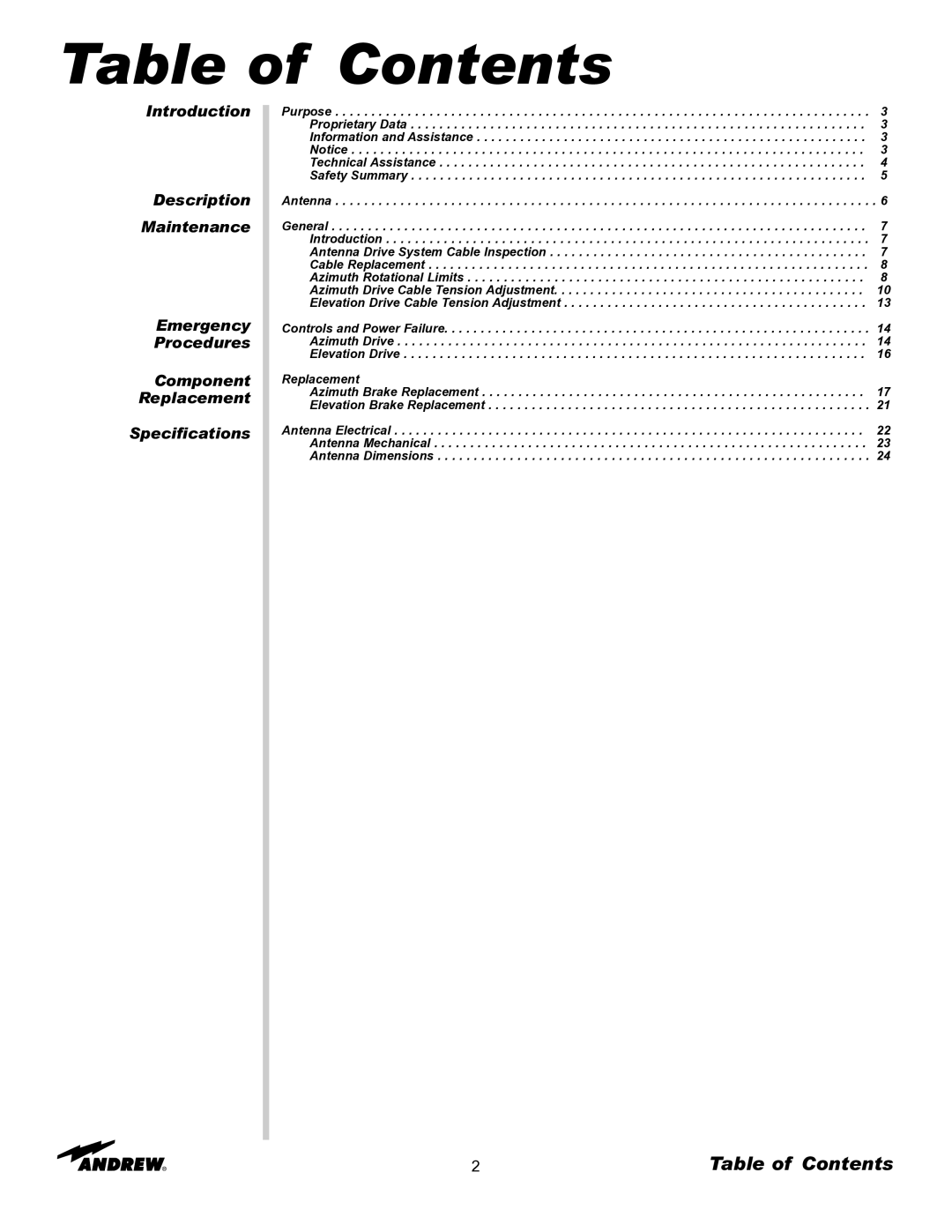 Andrew OM24SNG-RC manual Table of Contents 