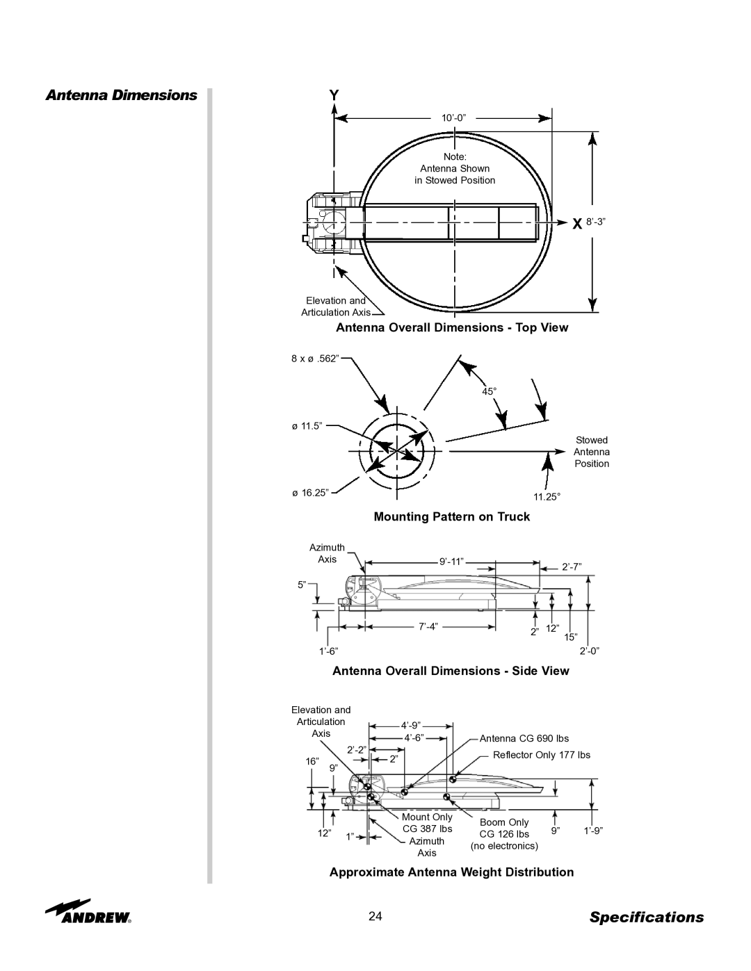 Andrew OM24SNG-RC manual Antenna Dimensions, 24Specifications 