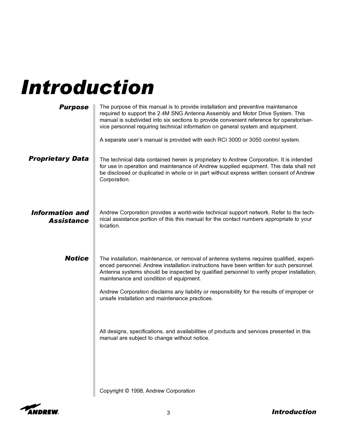 Andrew OM24SNG-RC manual Introduction, Purpose Proprietary Data Information and Assistance 