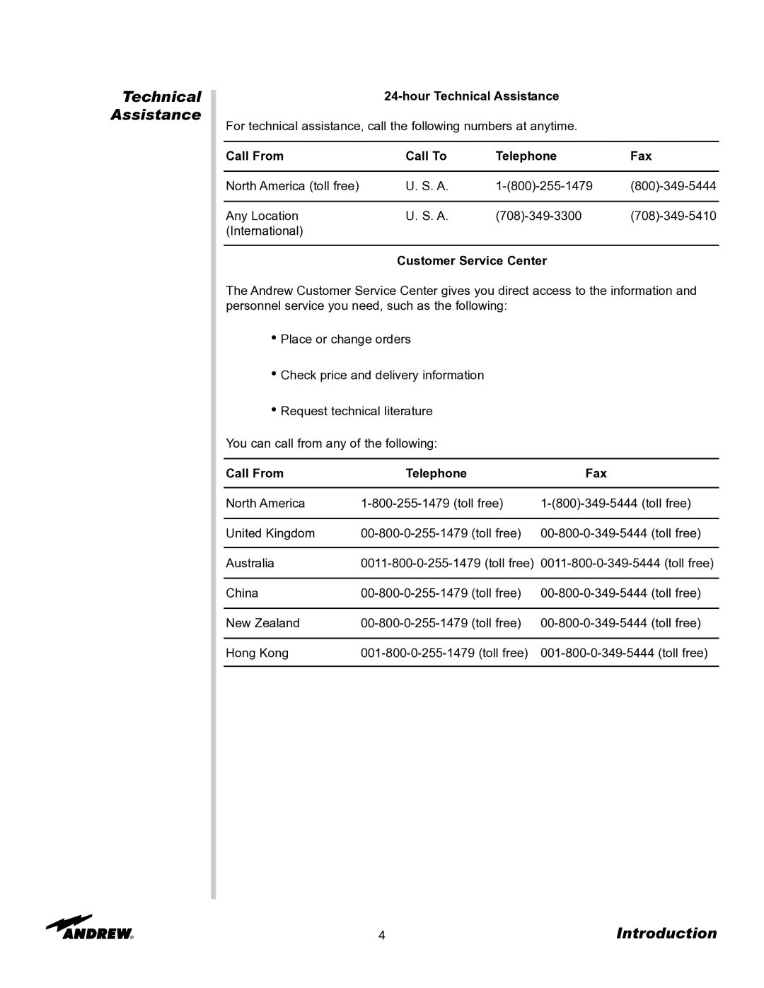 Andrew OM24SNG-RC manual Hour Technical Assistance, Call From Call To Telephone Fax, Customer Service Center 