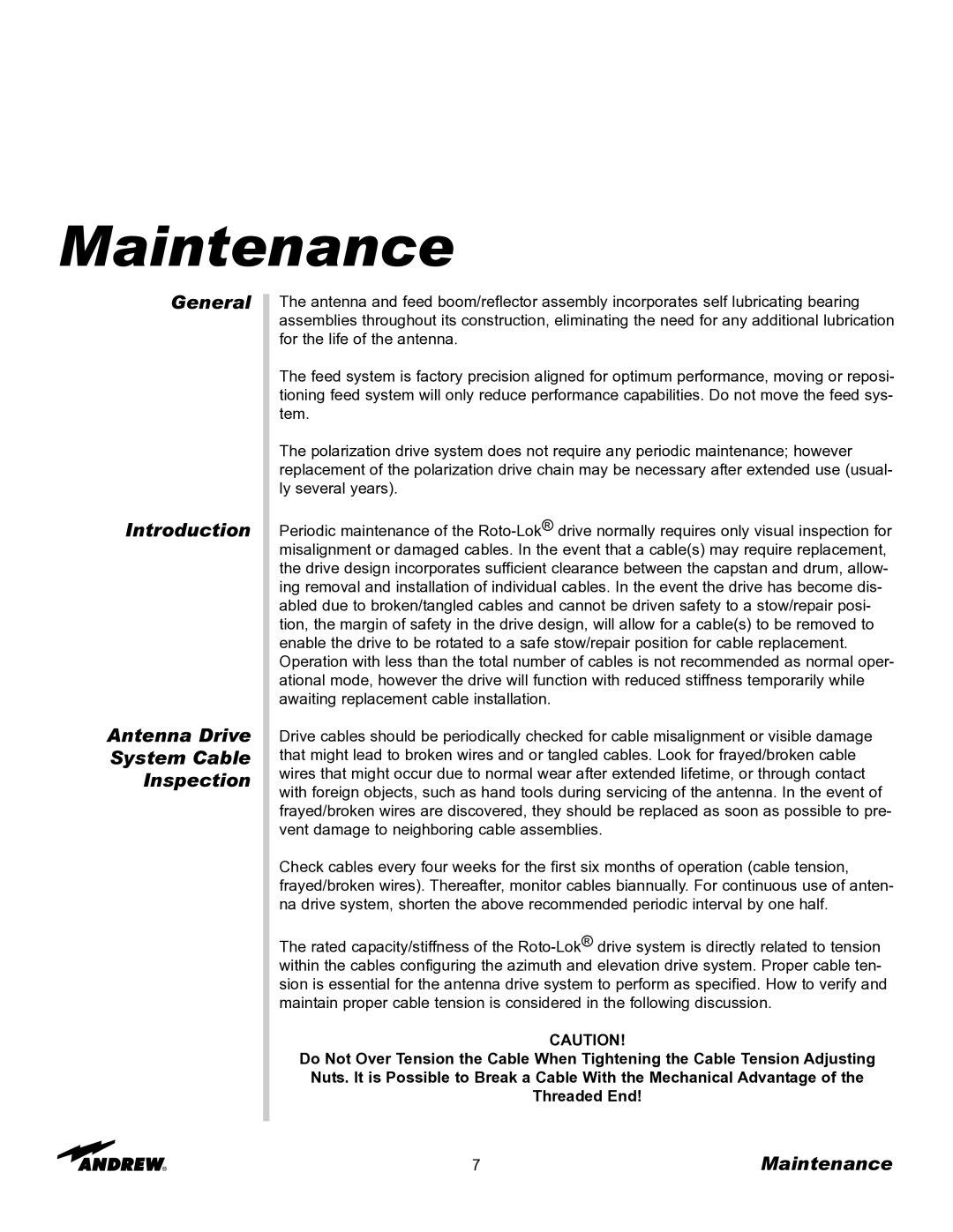 Andrew OM24SNG-RC manual Maintenance, General Introduction Antenna Drive System Cable Inspection 