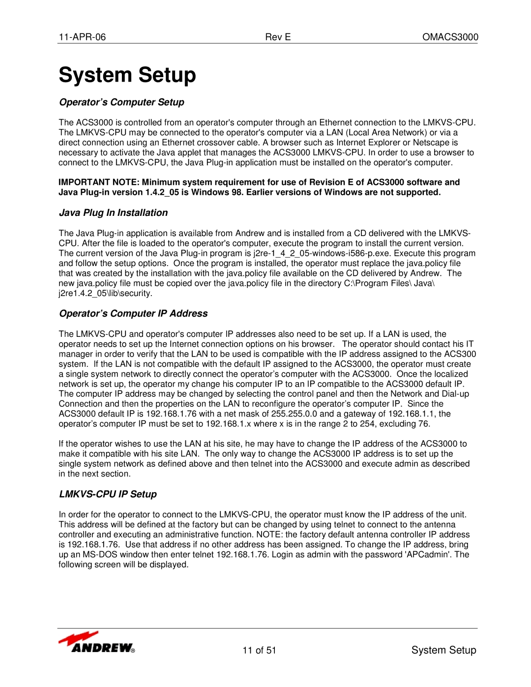 Andrew OMACS3000 Operator’s Computer Setup, Java Plug In Installation, Operator’s Computer IP Address, LMKVS-CPU IP Setup 