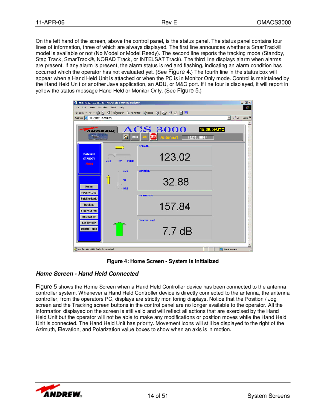 Andrew OMACS3000 manual Home Screen Hand Held Connected, Home Screen System Is Initialized 