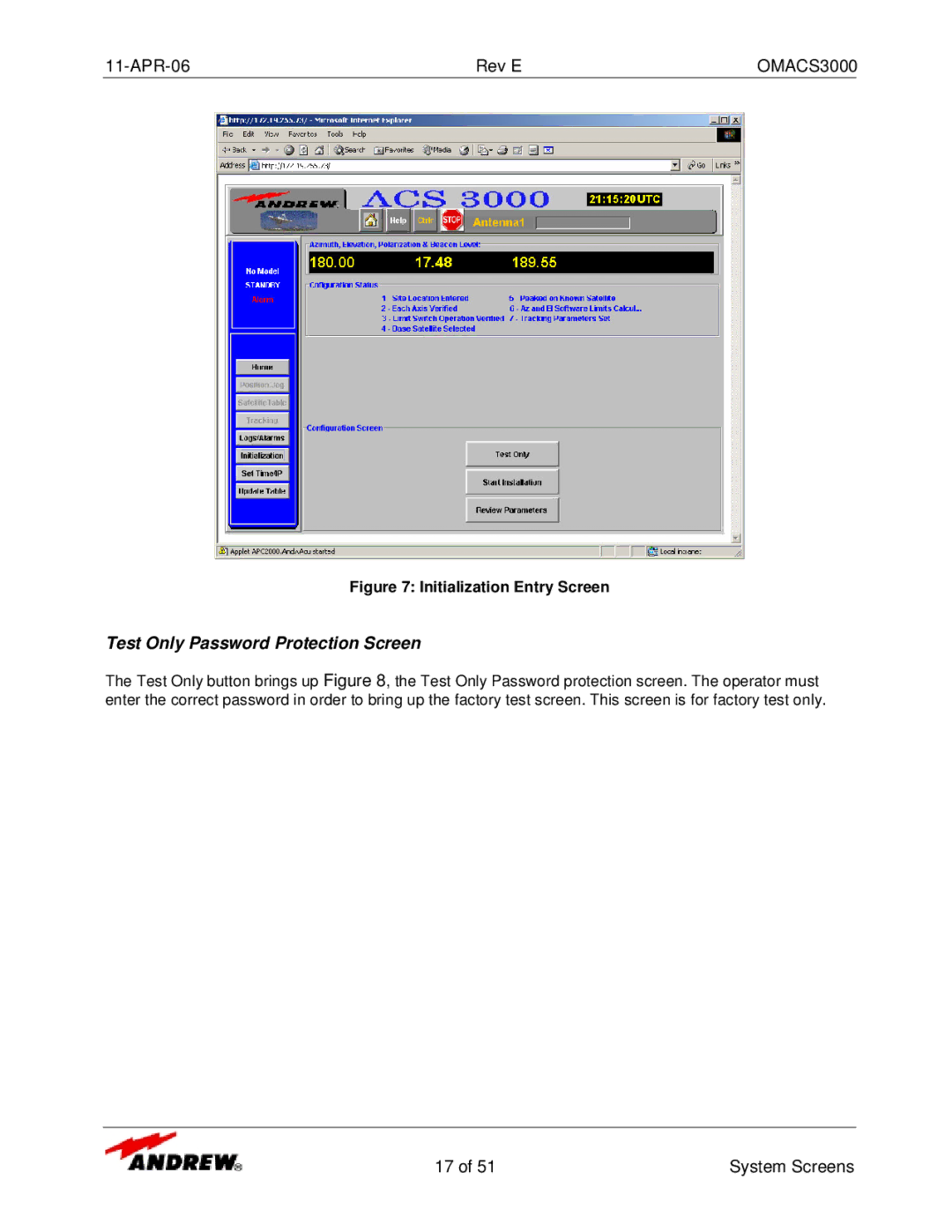 Andrew OMACS3000 manual Test Only Password Protection Screen, Initialization Entry Screen 