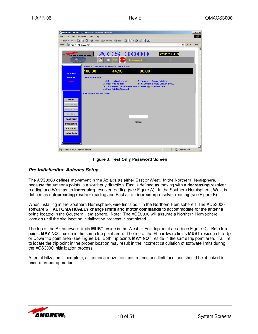 Andrew OMACS3000 manual Pre-Initialization Antenna Setup, Test Only Password Screen 