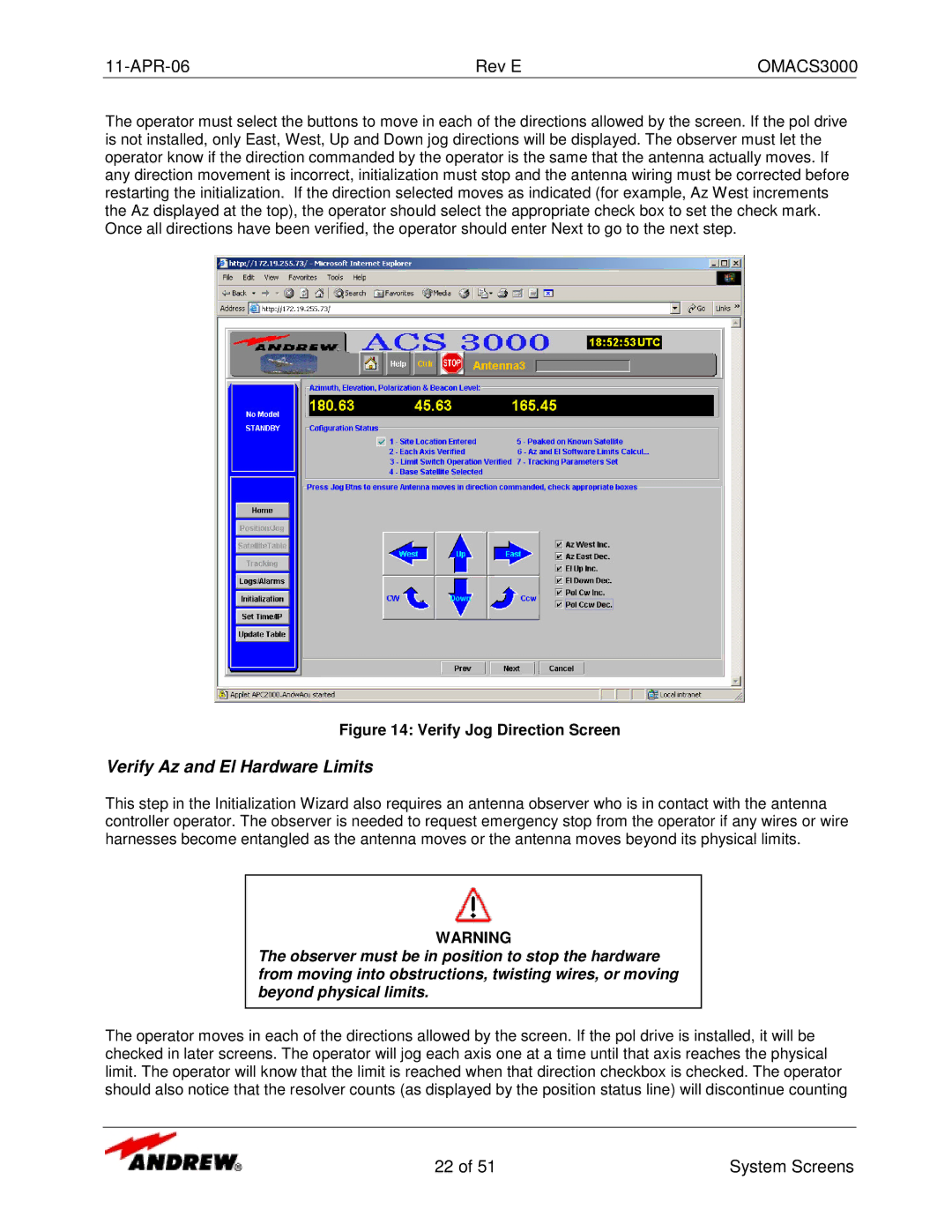 Andrew OMACS3000 manual Verify Az and El Hardware Limits, Verify Jog Direction Screen 