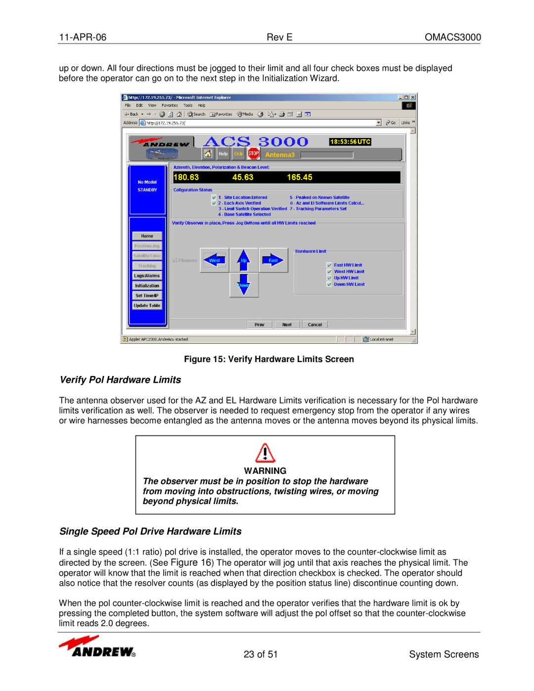 Andrew OMACS3000 manual Verify Pol Hardware Limits, Single Speed Pol Drive Hardware Limits 