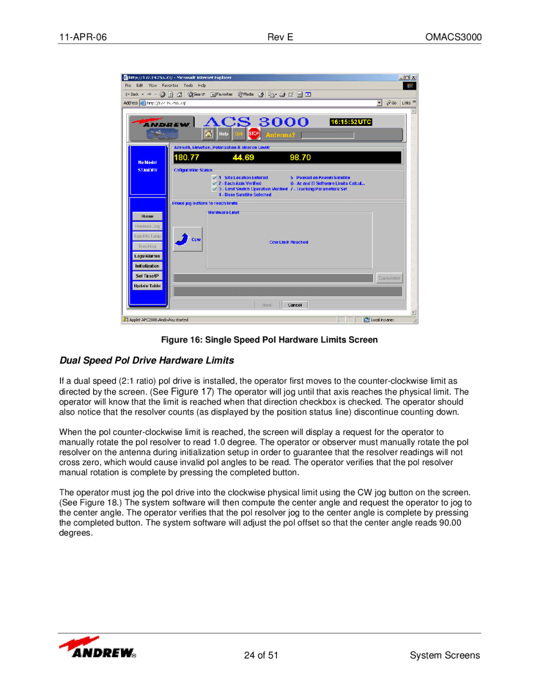 Andrew OMACS3000 manual Dual Speed Pol Drive Hardware Limits, Single Speed Pol Hardware Limits Screen 