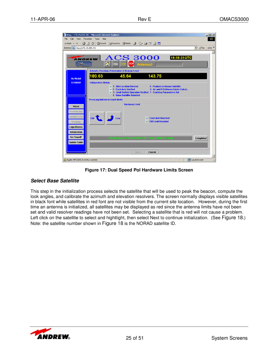 Andrew OMACS3000 manual Select Base Satellite, Dual Speed Pol Hardware Limits Screen 