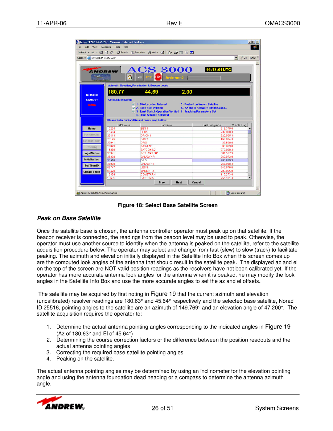 Andrew OMACS3000 manual Peak on Base Satellite, Select Base Satellite Screen 