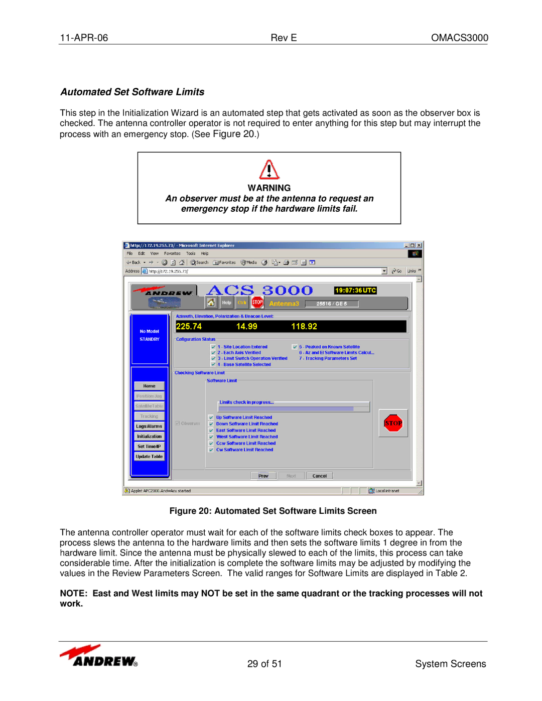 Andrew OMACS3000 manual Automated Set Software Limits Screen 