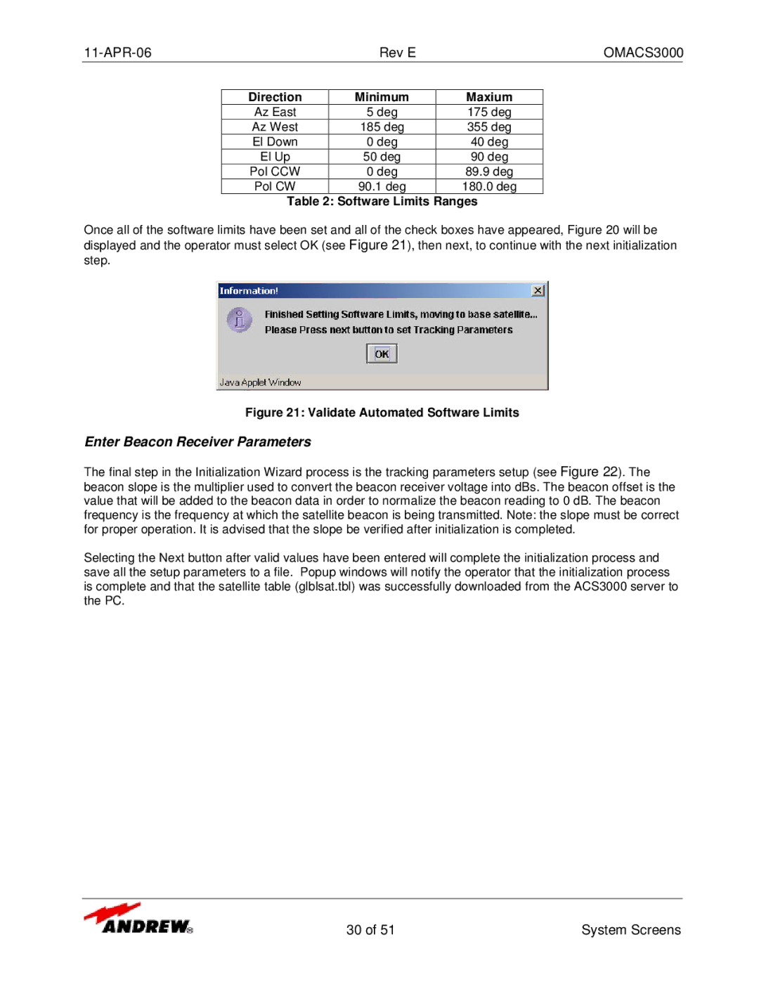 Andrew OMACS3000 manual Enter Beacon Receiver Parameters, Direction 