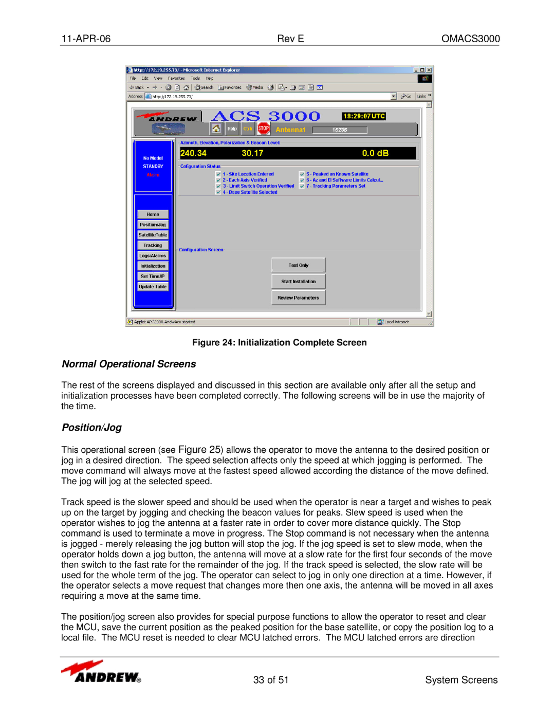 Andrew OMACS3000 manual Normal Operational Screens, Position/Jog 