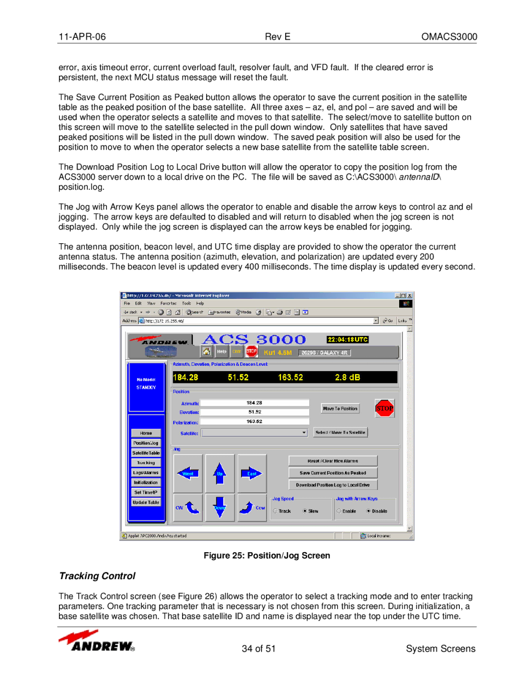 Andrew OMACS3000 manual Tracking Control, Position/Jog Screen 