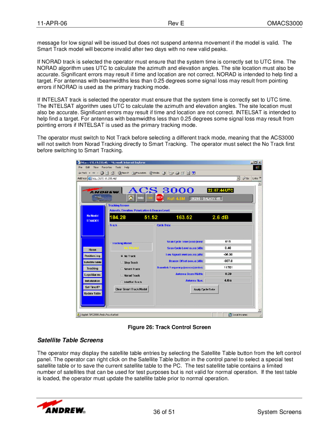 Andrew OMACS3000 manual Satellite Table Screens, Track Control Screen 