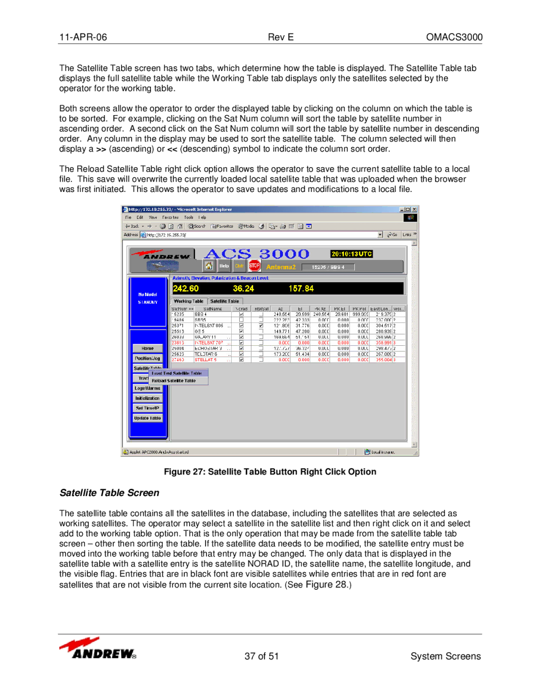 Andrew OMACS3000 manual Satellite Table Screen, Satellite Table Button Right Click Option 