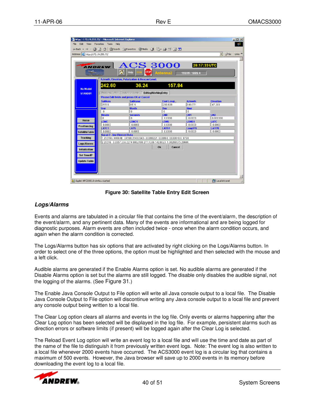 Andrew OMACS3000 manual Logs/Alarms, Satellite Table Entry Edit Screen 