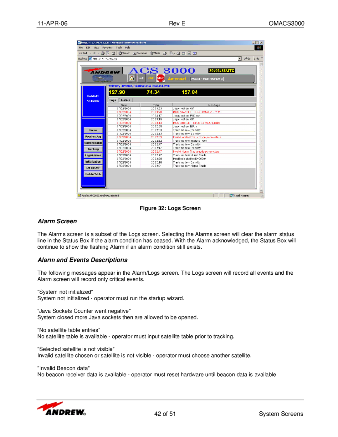 Andrew OMACS3000 manual Alarm Screen, Alarm and Events Descriptions 