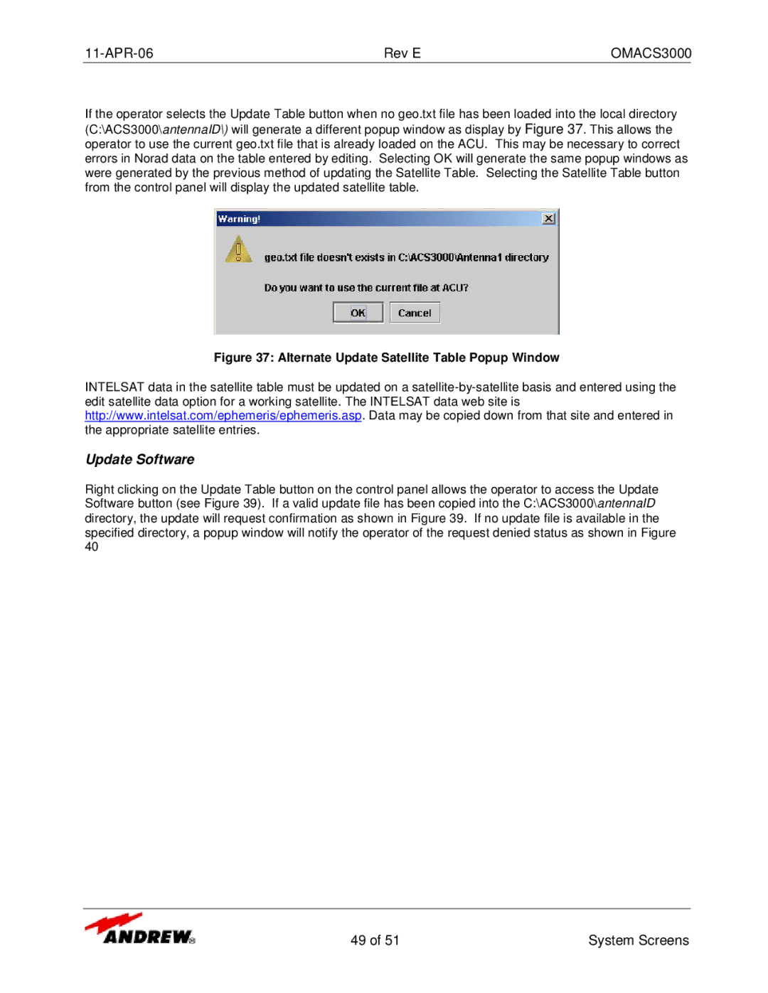 Andrew OMACS3000 manual Update Software, Alternate Update Satellite Table Popup Window 