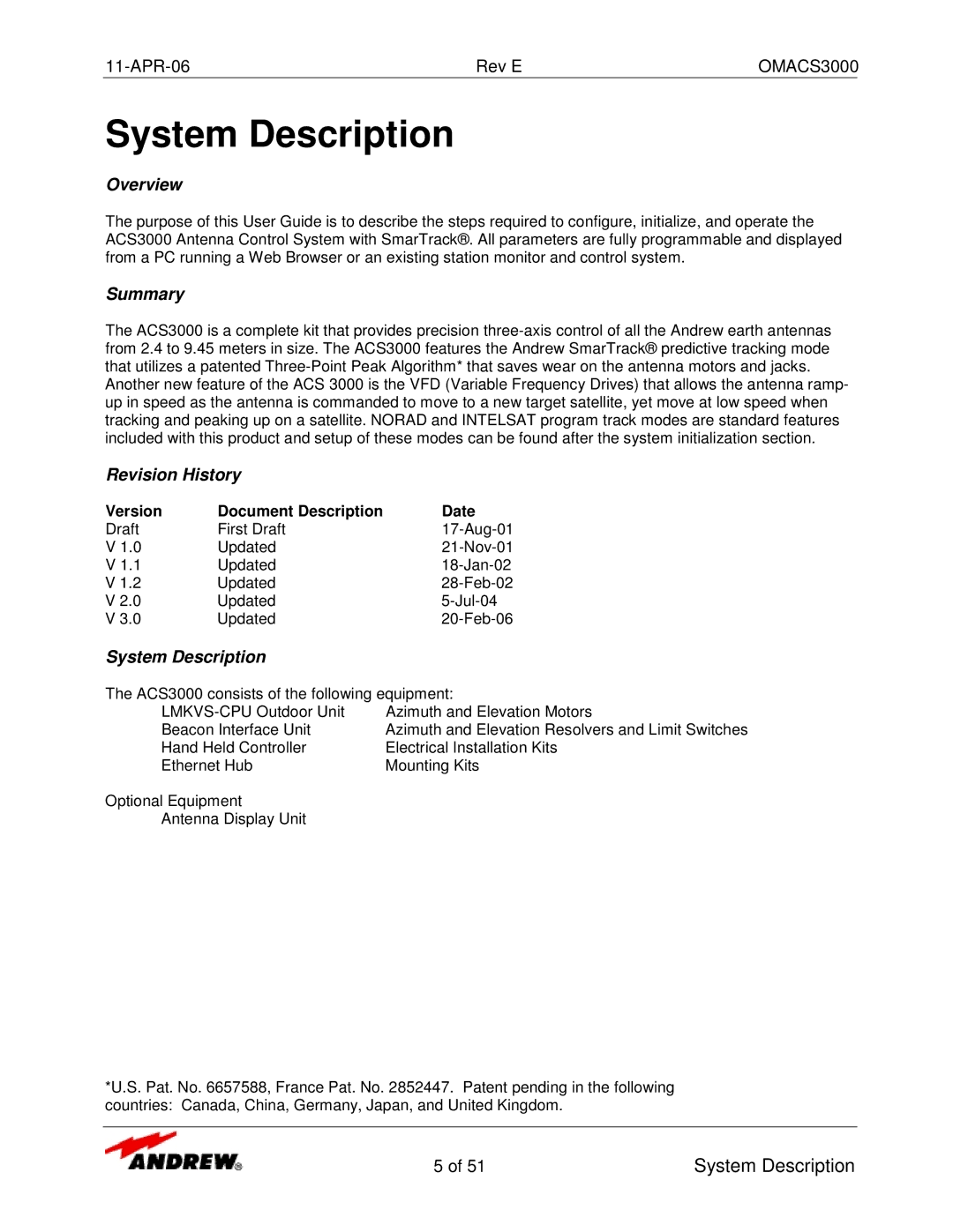 Andrew OMACS3000 manual Overview, Summary, Revision History, System Description 