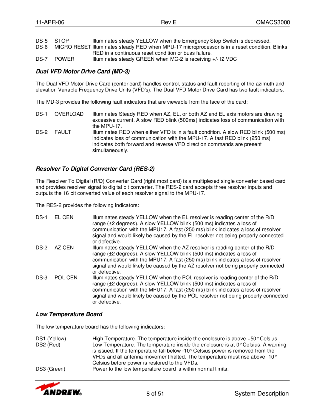 Andrew OMACS3000 manual Dual VFD Motor Drive Card MD-3, Resolver To Digital Converter Card RES-2, Low Temperature Board 