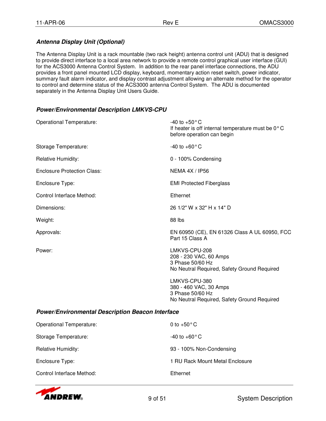 Andrew OMACS3000 manual Antenna Display Unit Optional, Power/Environmental Description LMKVS-CPU 