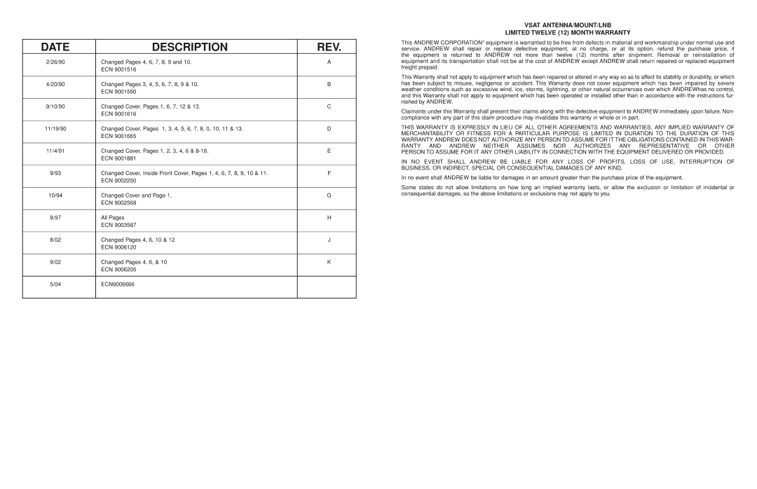 Andrew TYPE 120, TYPE 100, TYPE 900 manual Date Description REV, Vsat ANTENNA/MOUNT/LNB Limited Twelve 12 Month Warranty 