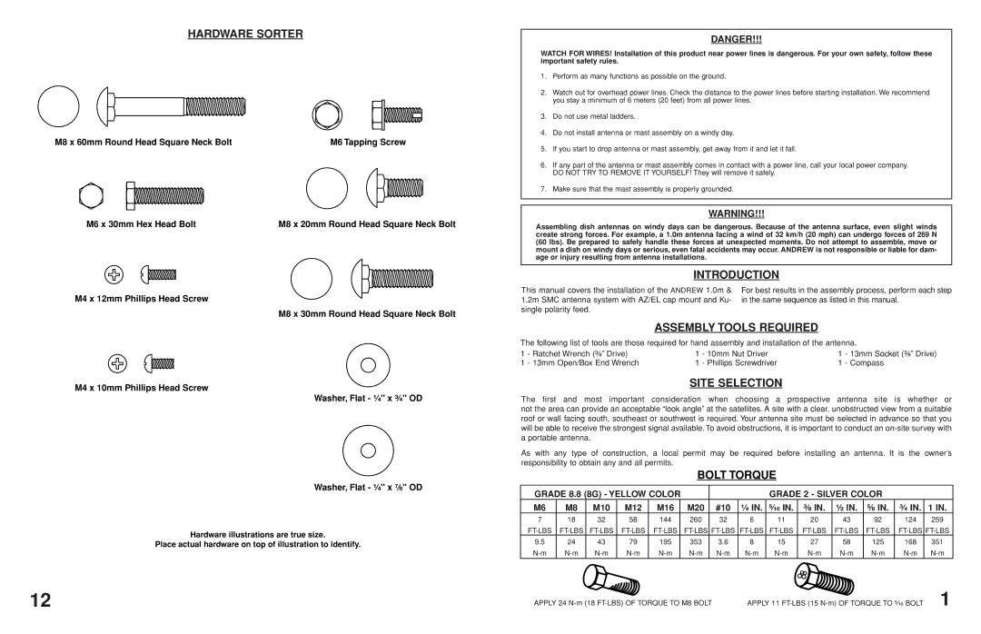 Andrew TYPE 100, TYPE 900, TYPE 120 Hardware Sorter, Introduction, Assembly Tools Required, Site Selection, Bolt Torque 