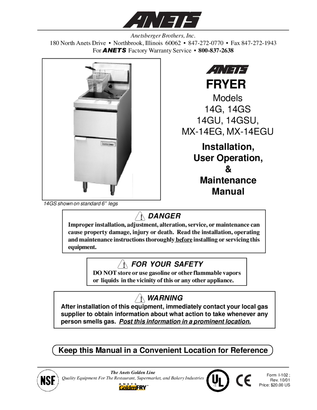 Anetsberger Brothers 14GS 14GU warranty MX-14EG, MX-14EGU, Anetsberger Brothers, Inc 