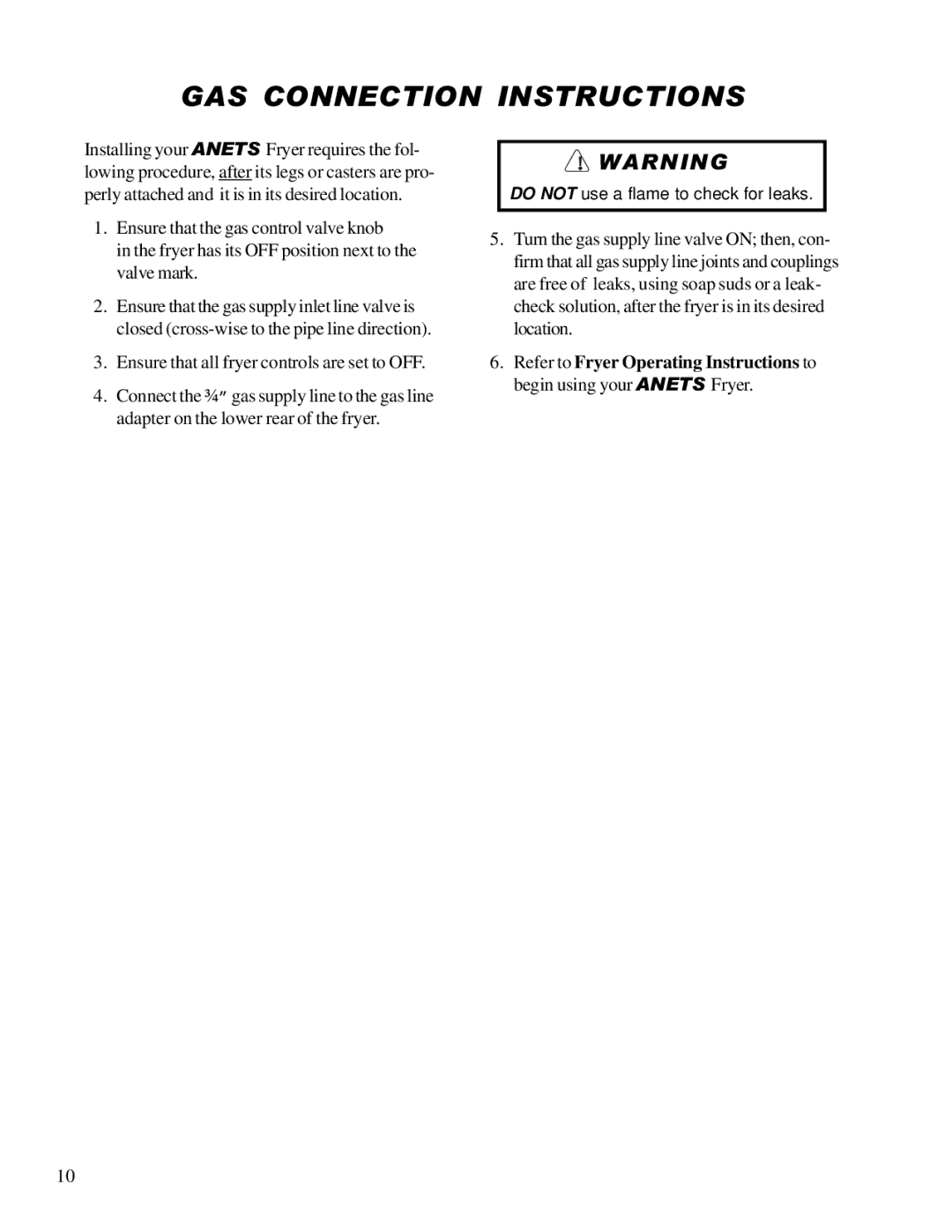 Anetsberger Brothers 14GS 14GU warranty GAS Connection Instructions 