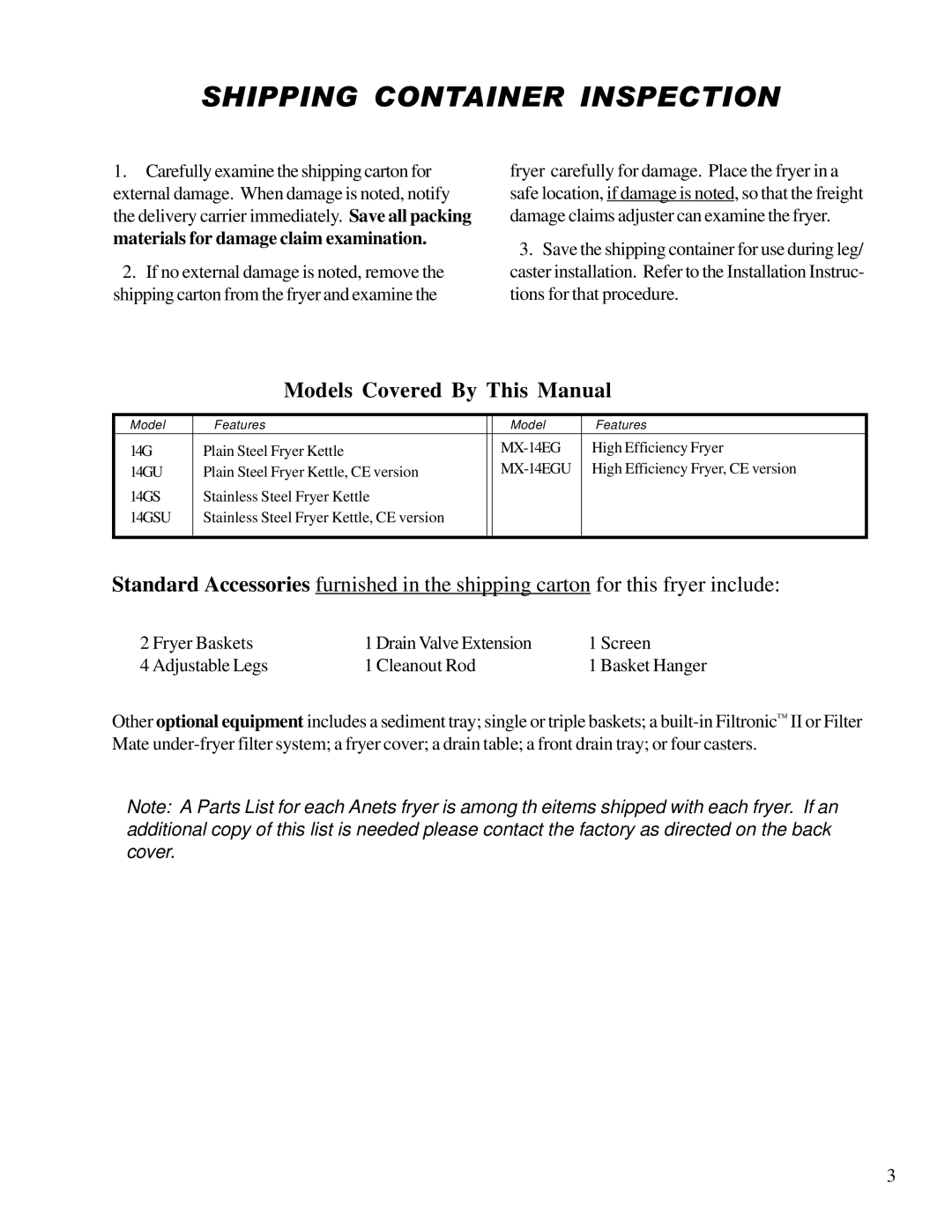 Anetsberger Brothers 14GS 14GU warranty Shipping Container Inspection, Models Covered By This Manual 