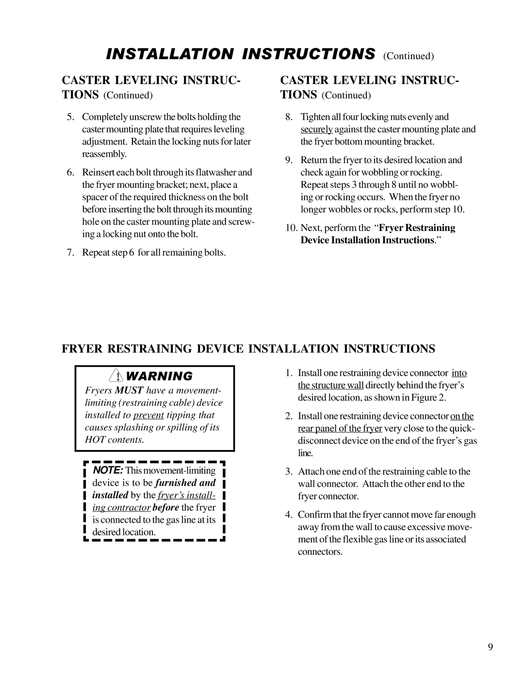 Anetsberger Brothers 14GS 14GU warranty Caster Leveling Instruc, Fryer Restraining Device Installation Instructions 