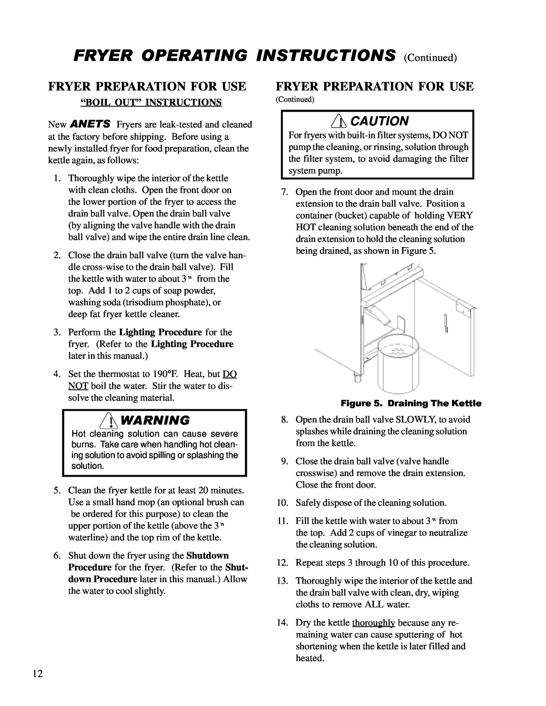 Anetsberger Brothers 14GS 14GU FRYER OPERATING INSTRUCTIONS Continued, Fryer Preparation For Use, “Boil Out” Instructions 