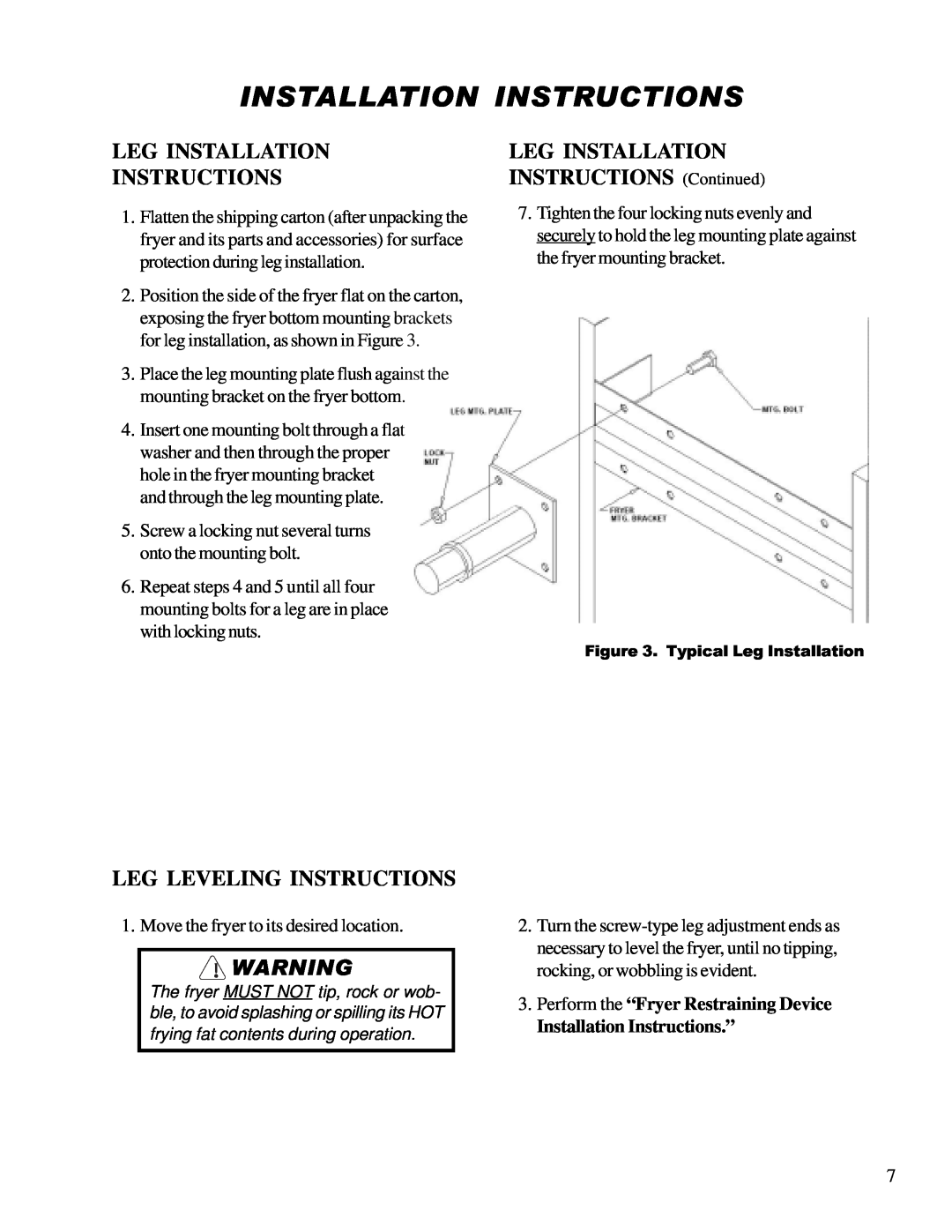 Anetsberger Brothers 14G Installation Instructions, Leg Installation, INSTRUCTIONS Continued, Leg Leveling Instructions 