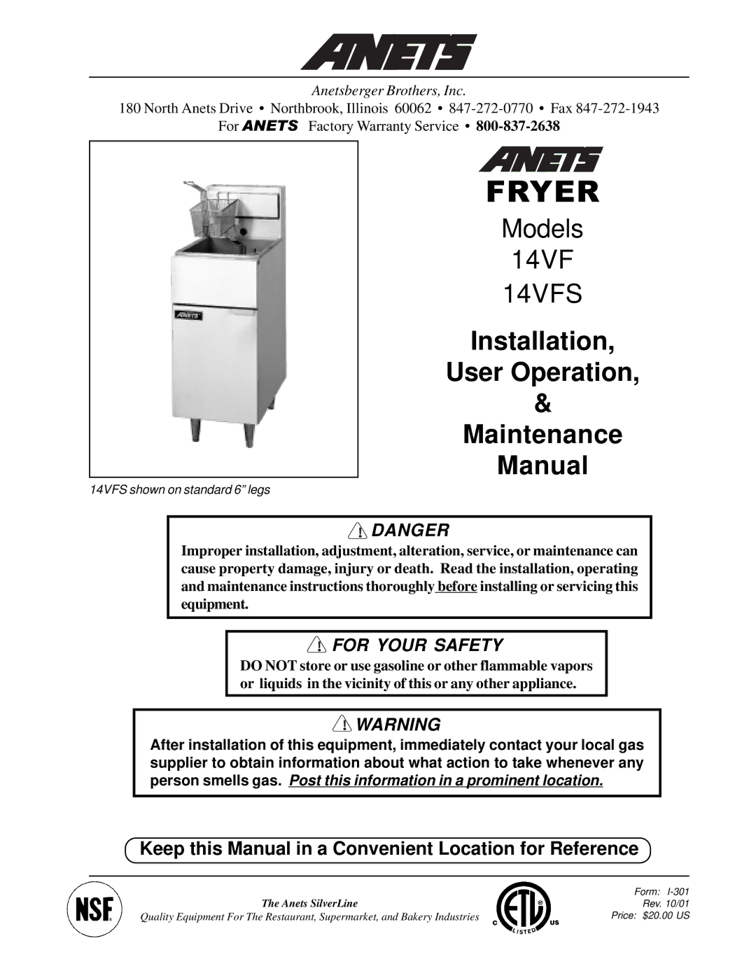 Anetsberger Brothers 14VFS warranty Installation User Operation Maintenance Manual 