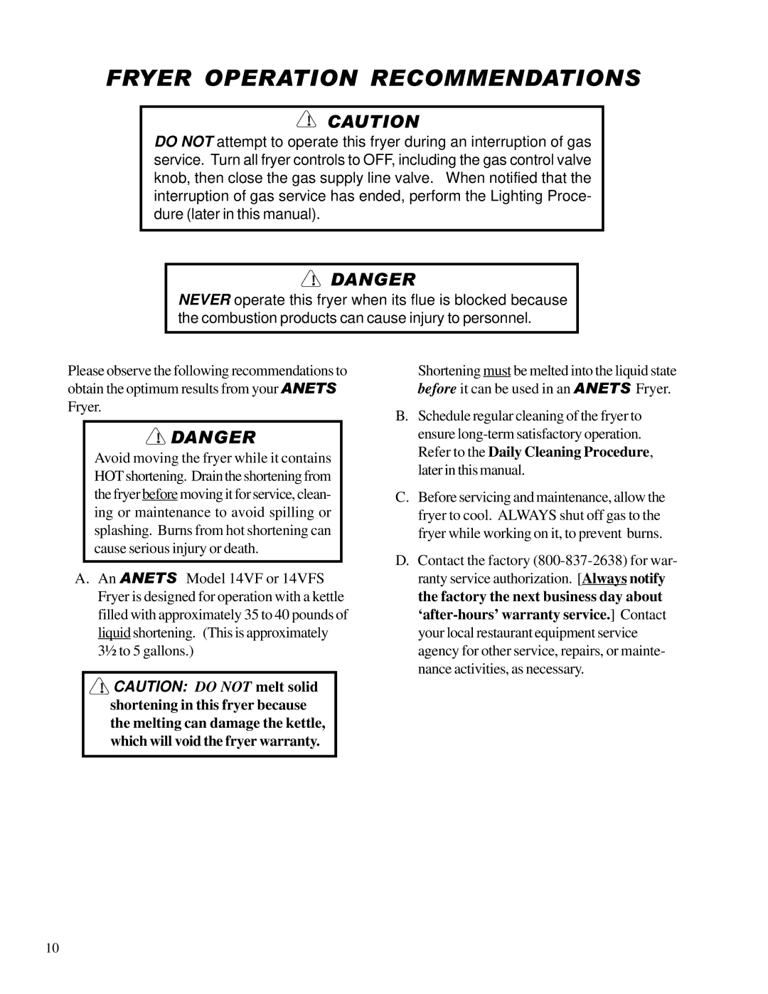 Anetsberger Brothers 14VFS warranty Fryer Operation Recommendations 