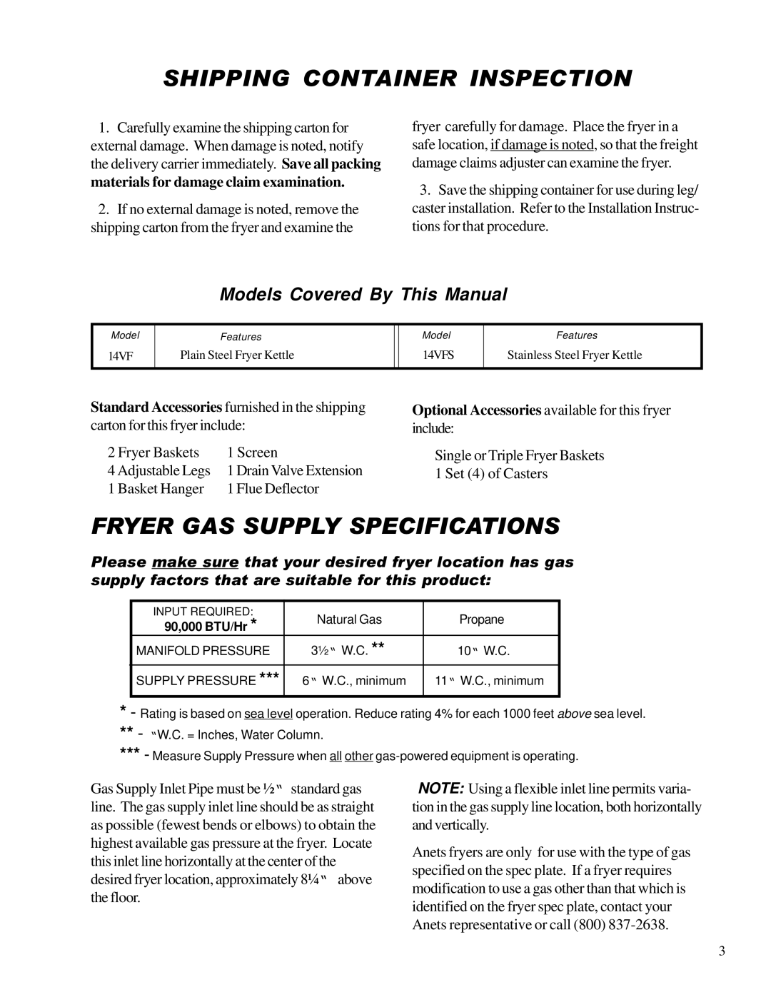 Anetsberger Brothers 14VFS warranty Shipping Container Inspection, Fryer GAS Supply Specifications 