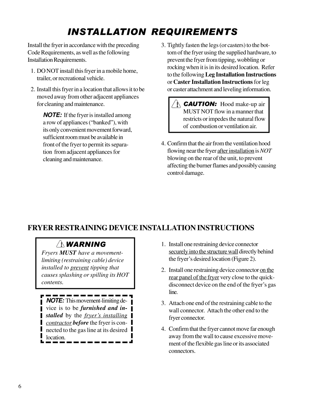 Anetsberger Brothers 14VFS warranty Installation Requirements, Fryer Restraining Device Installation Instructions 