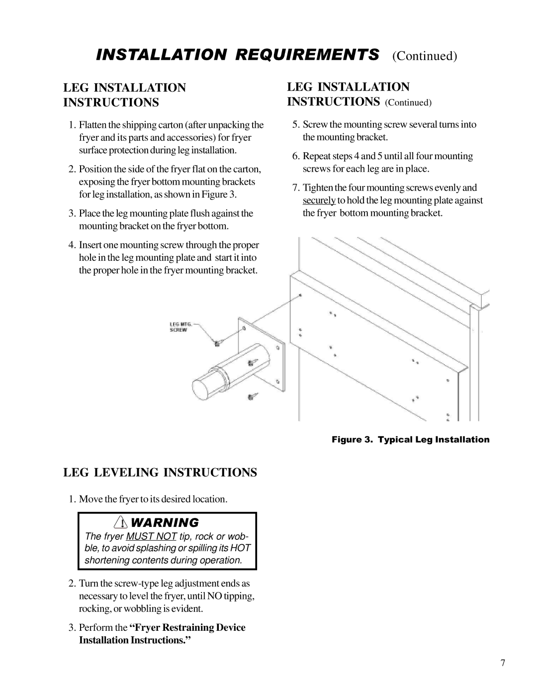 Anetsberger Brothers 14VFS warranty Installation Requirements, LEG Installation Instructions, LEG Leveling Instructions 