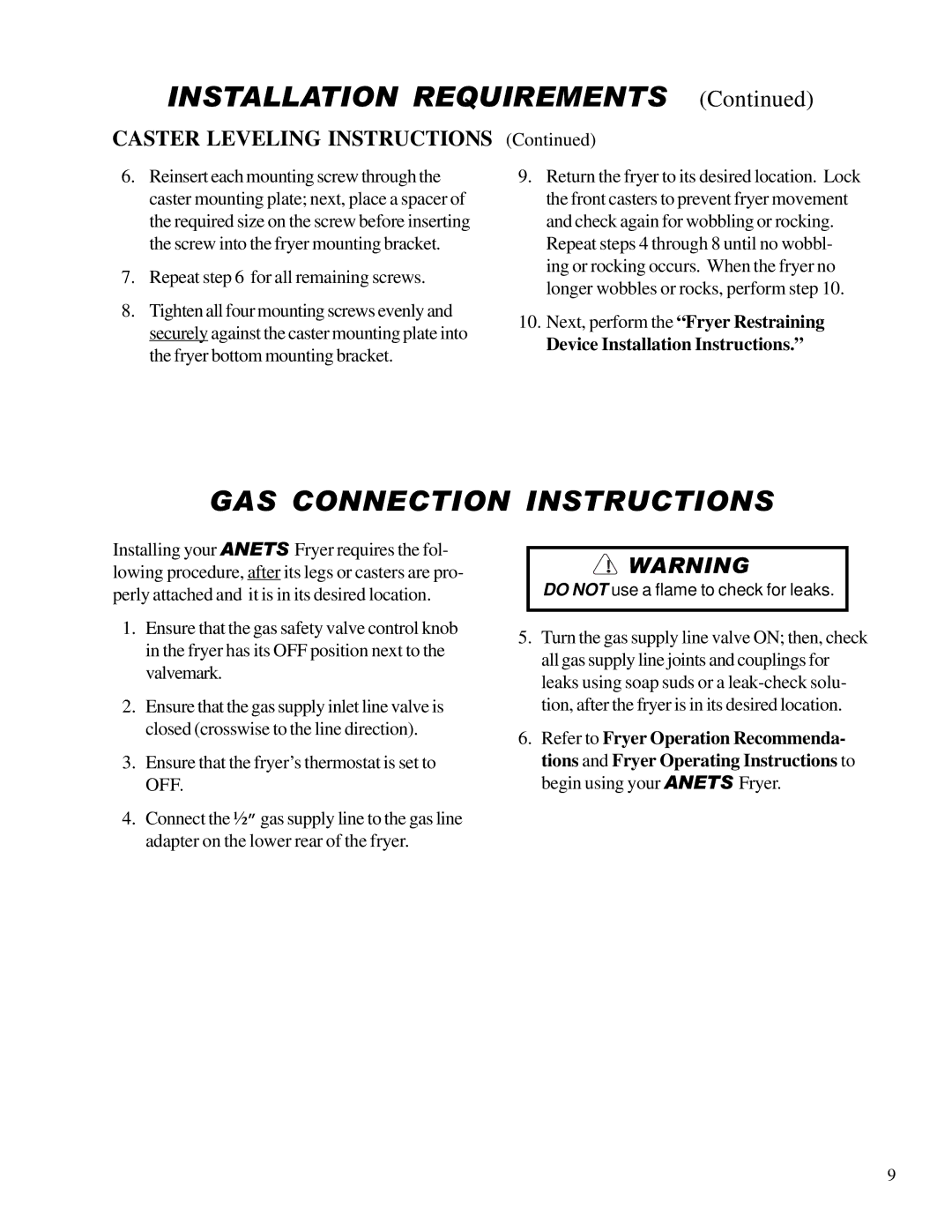 Anetsberger Brothers 14VFS warranty GAS Connection Instructions, Caster Leveling Instructions 