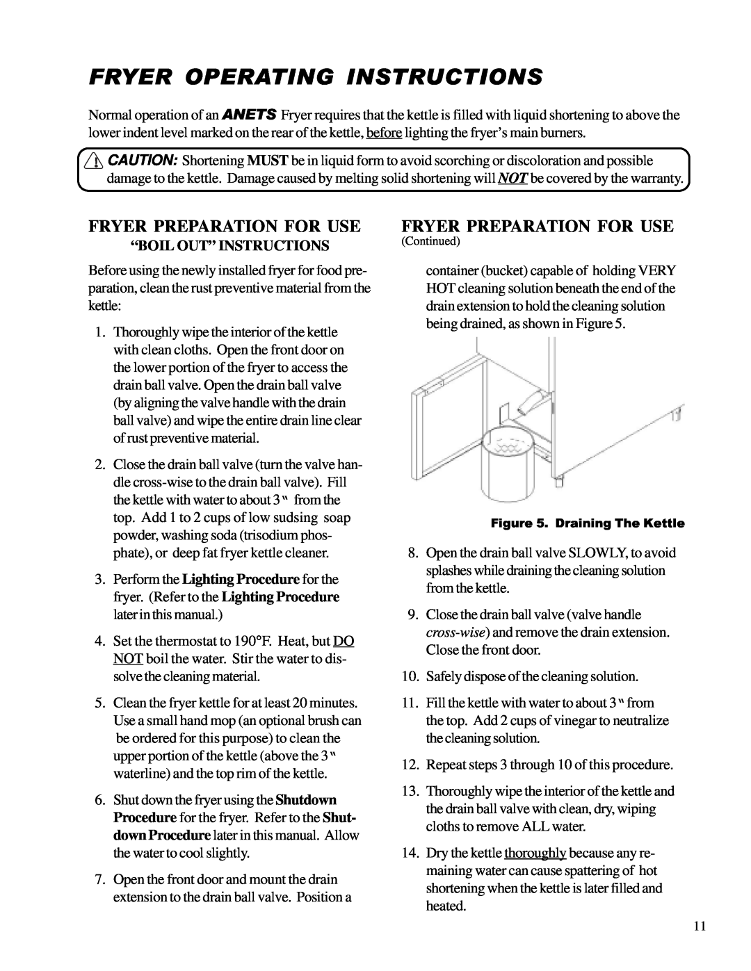 Anetsberger Brothers 14VFS warranty Fryer Operating Instructions, Fryer Preparation For Use, “Boil Out” Instructions 