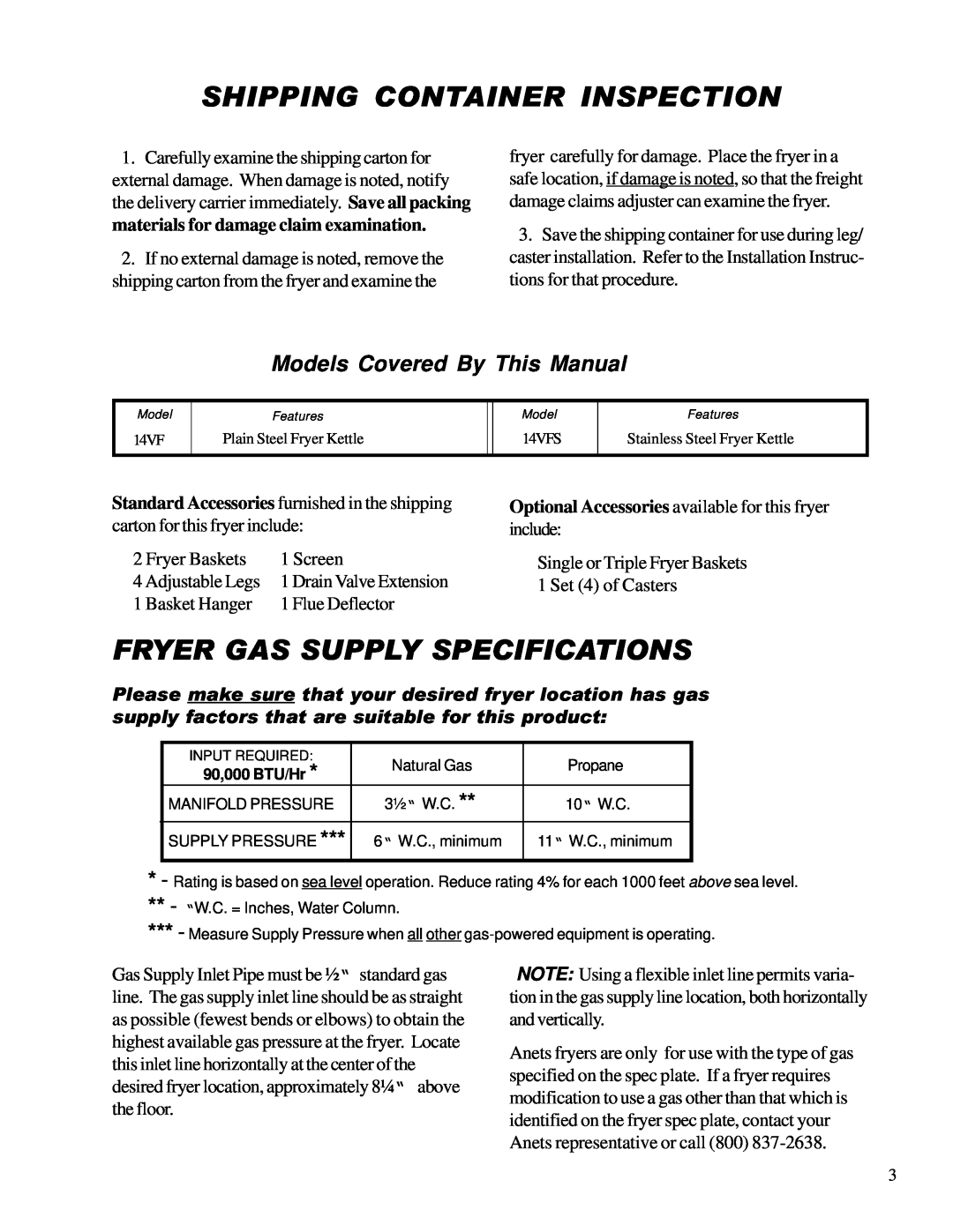 Anetsberger Brothers 14VFS Shipping Container Inspection, Fryer Gas Supply Specifications, Models Covered By This Manual 