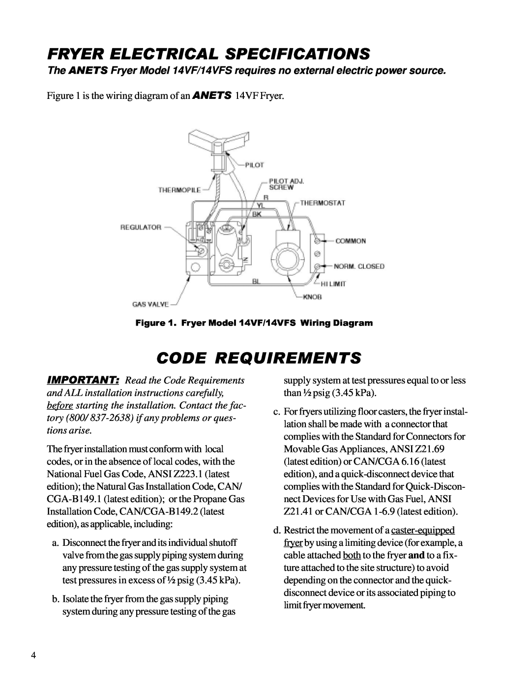 Anetsberger Brothers warranty Fryer Electrical Specifications, Code Requirements, Fryer Model 14VF/14VFS Wiring Diagram 