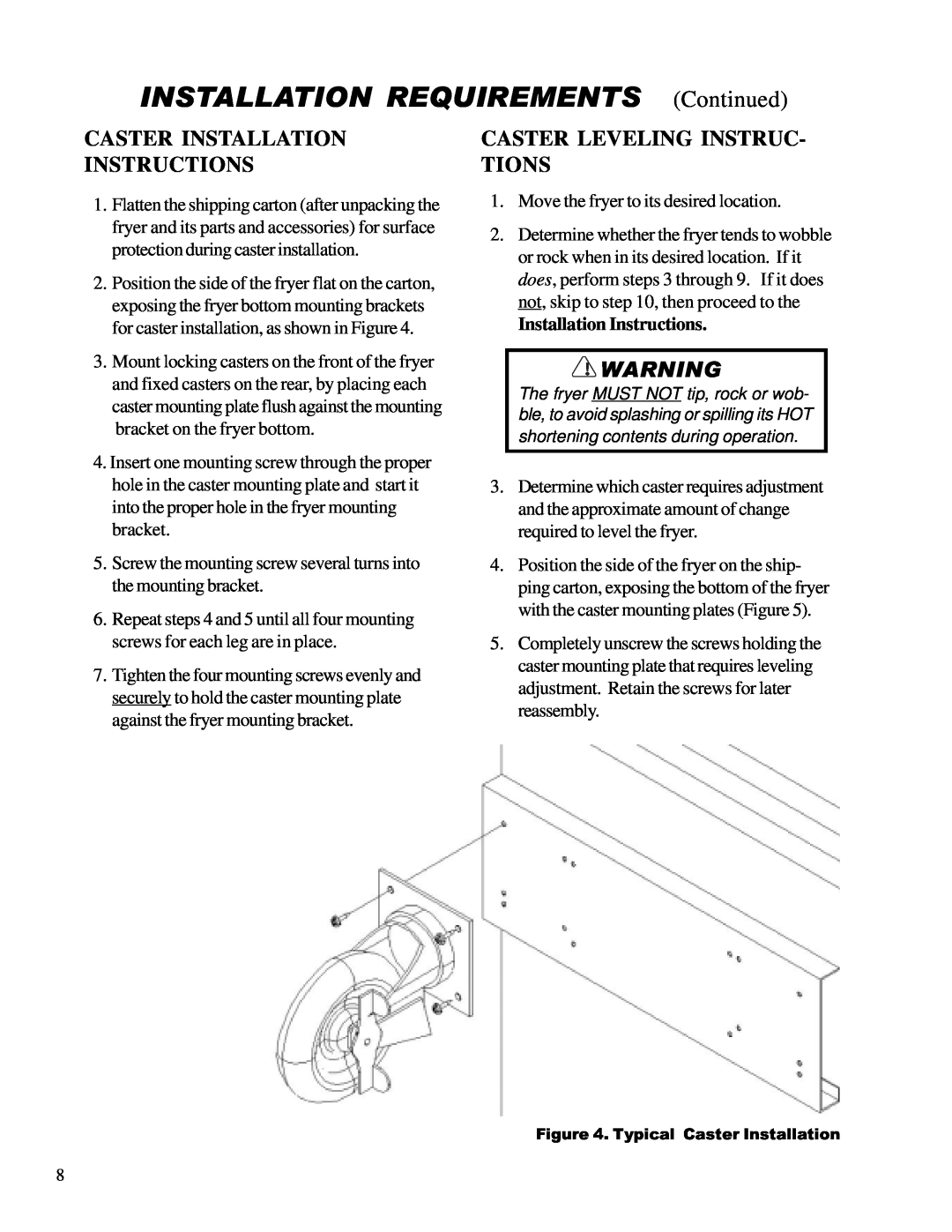Anetsberger Brothers 14VFS warranty Caster Installation Instructions, Caster Leveling Instruc- Tions 