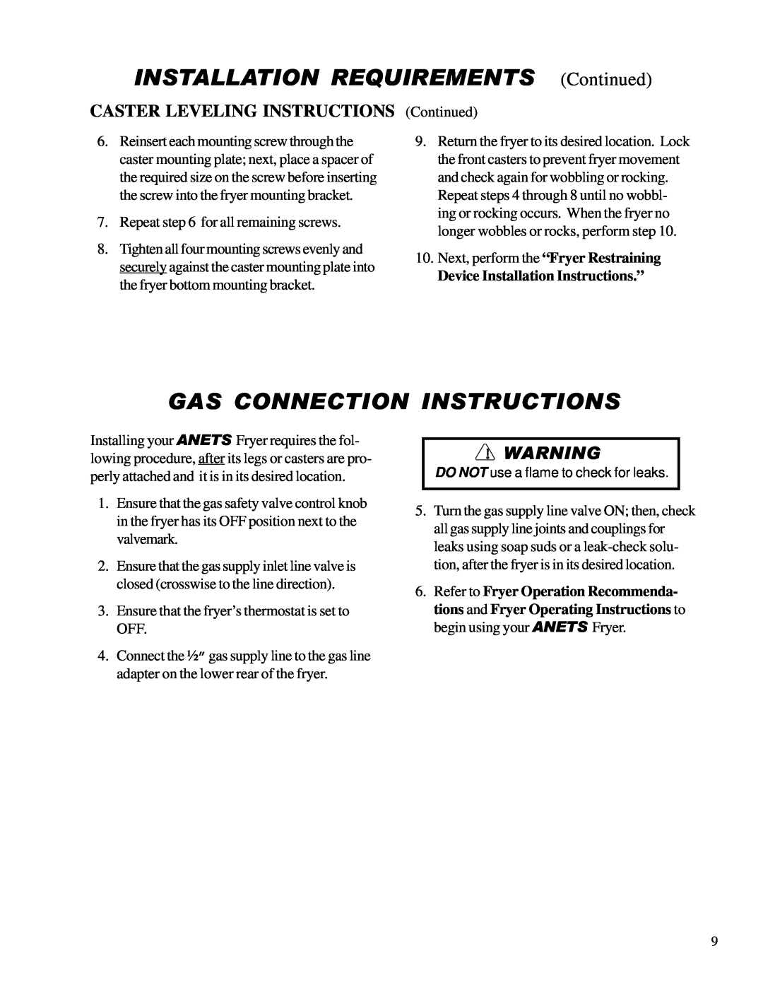 Anetsberger Brothers 14VFS Gas Connection Instructions, Caster Leveling Instructions, Device Installation Instructions.” 